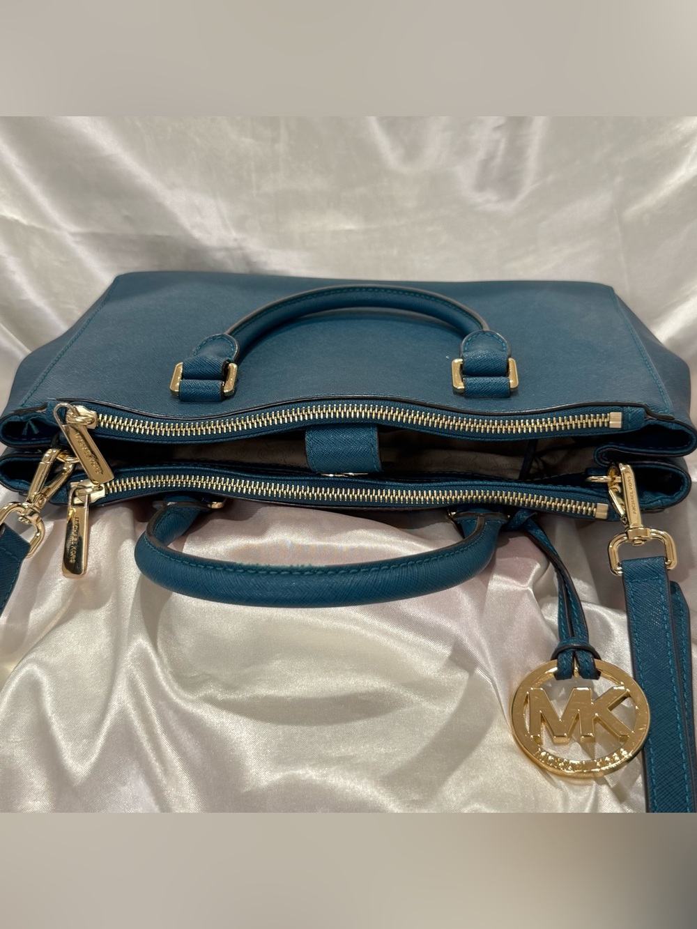 Michael Kors Sutton Medium Satchel Deep Teal Leather Crossbody Classic City Chic - Picture 7 of 16